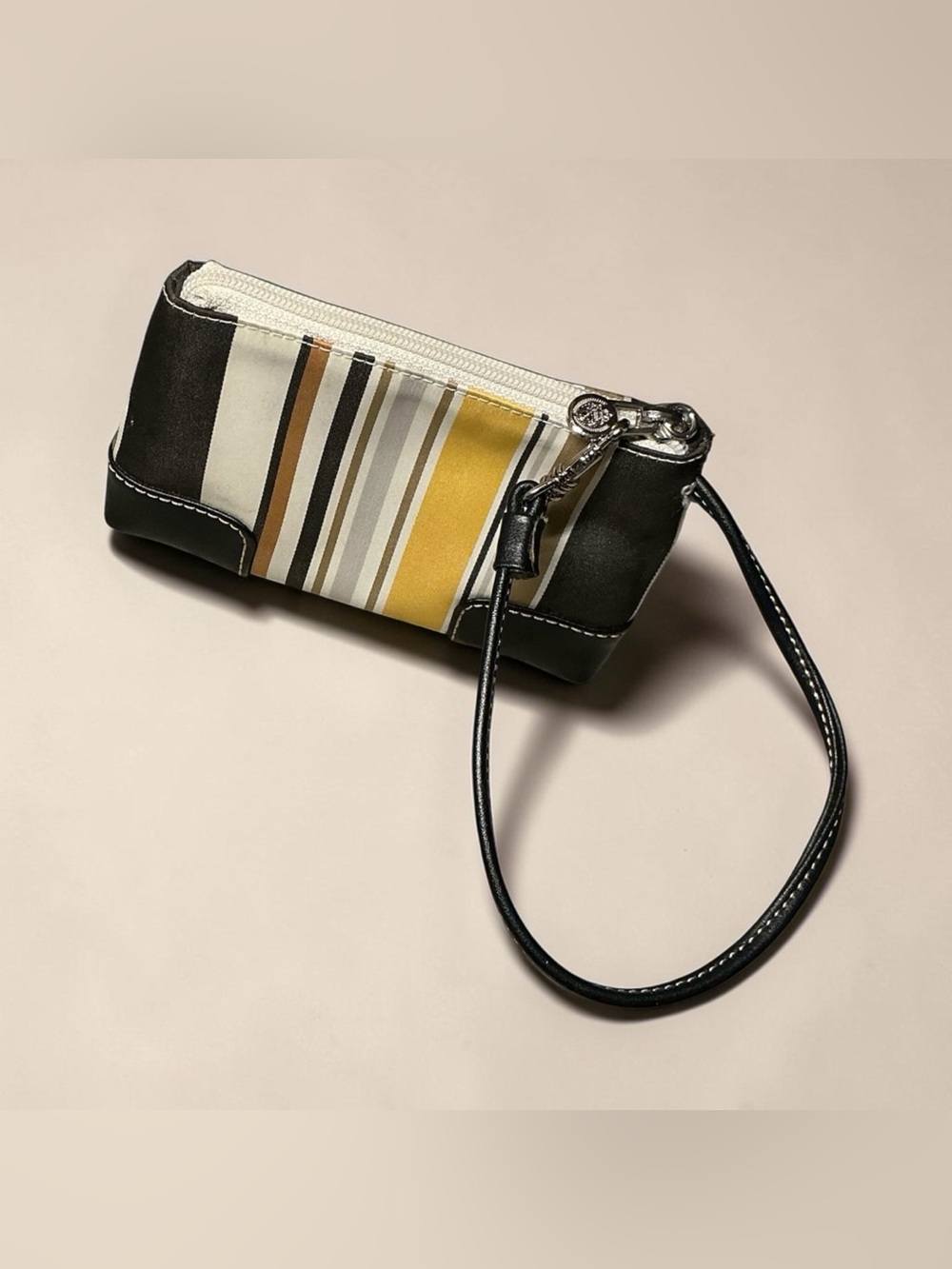 Liz Claiborne Striped Wristlet Pouch Black White Mustard Zip Clutch Wallet